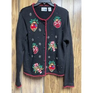 Vtg Paul Harris Design Women Christmas Med Button Cardigan Beaded Ornament Black